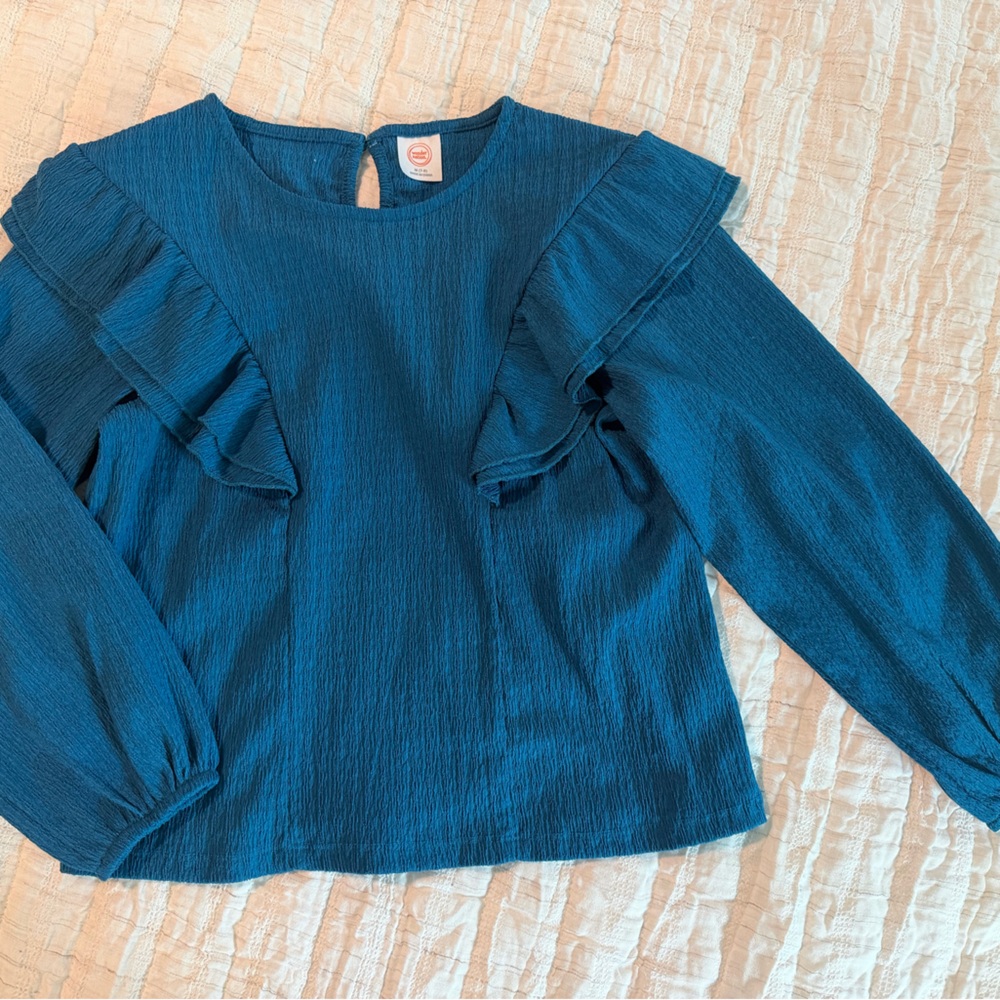 Girls Teal Blue Ruffle Long Sleeve Top
